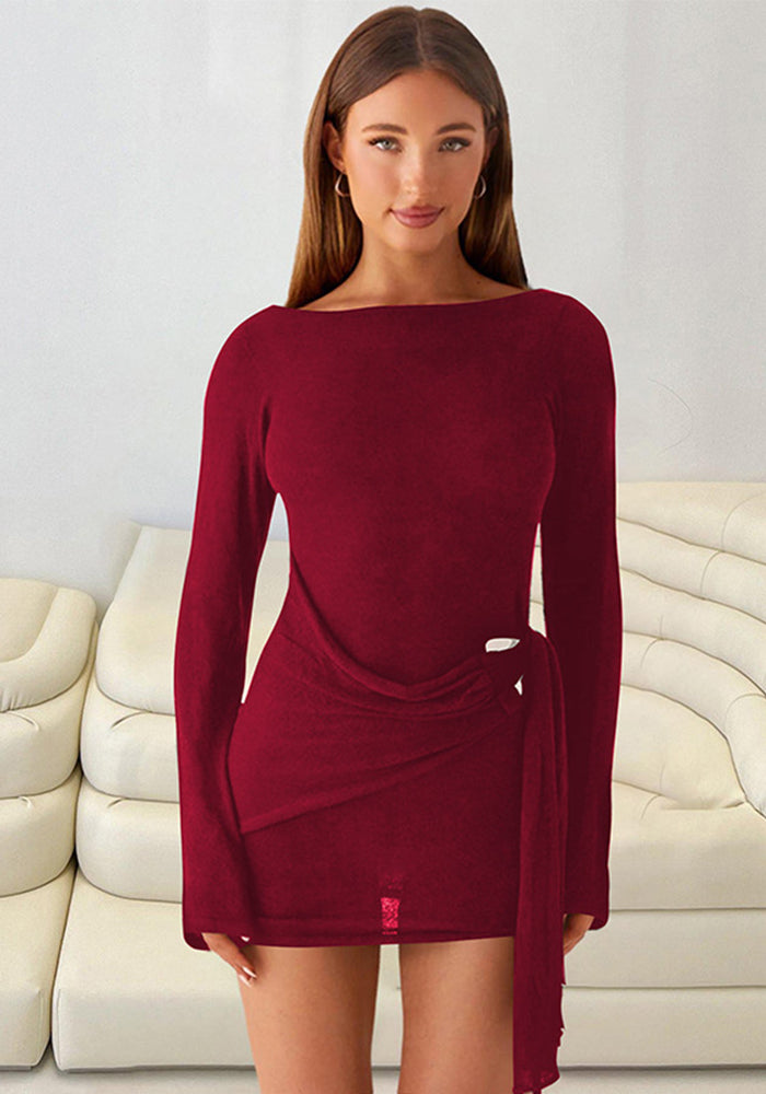 Women Autumn Sexy Solid Backless Long-Sleeved Ribbon Dress