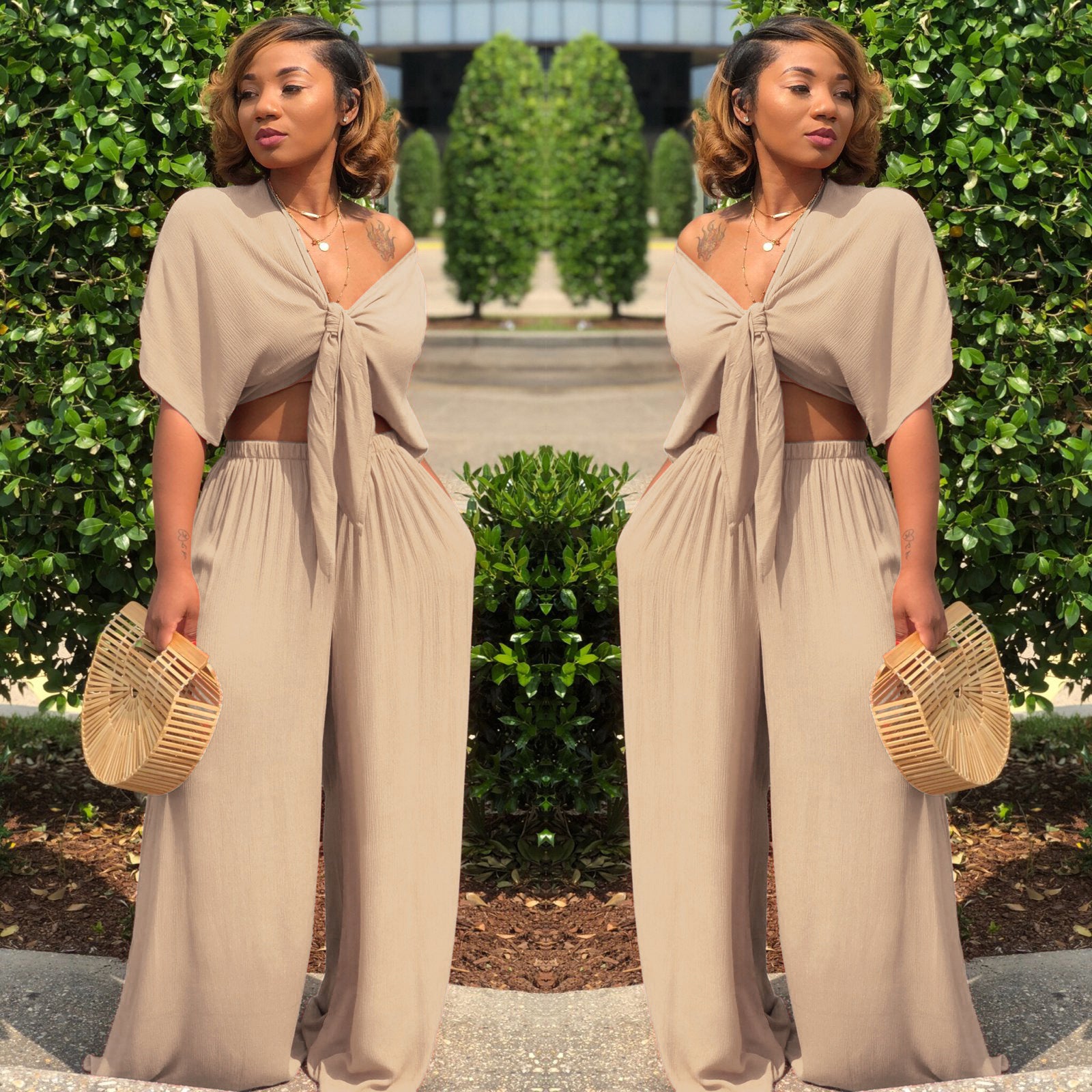 Women's Deep V Lace-Up Top Wide-Leg Pants Set 8