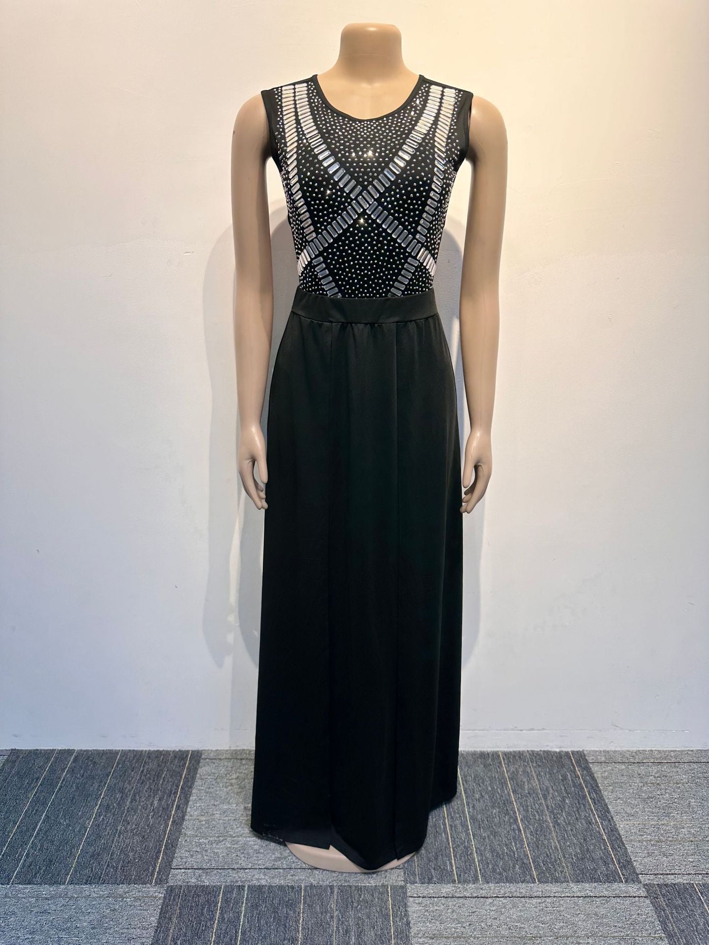 Sexy Beaded See-Through Low Back Mesh Bodysuit Slit Skirt Two-Piece Set 9