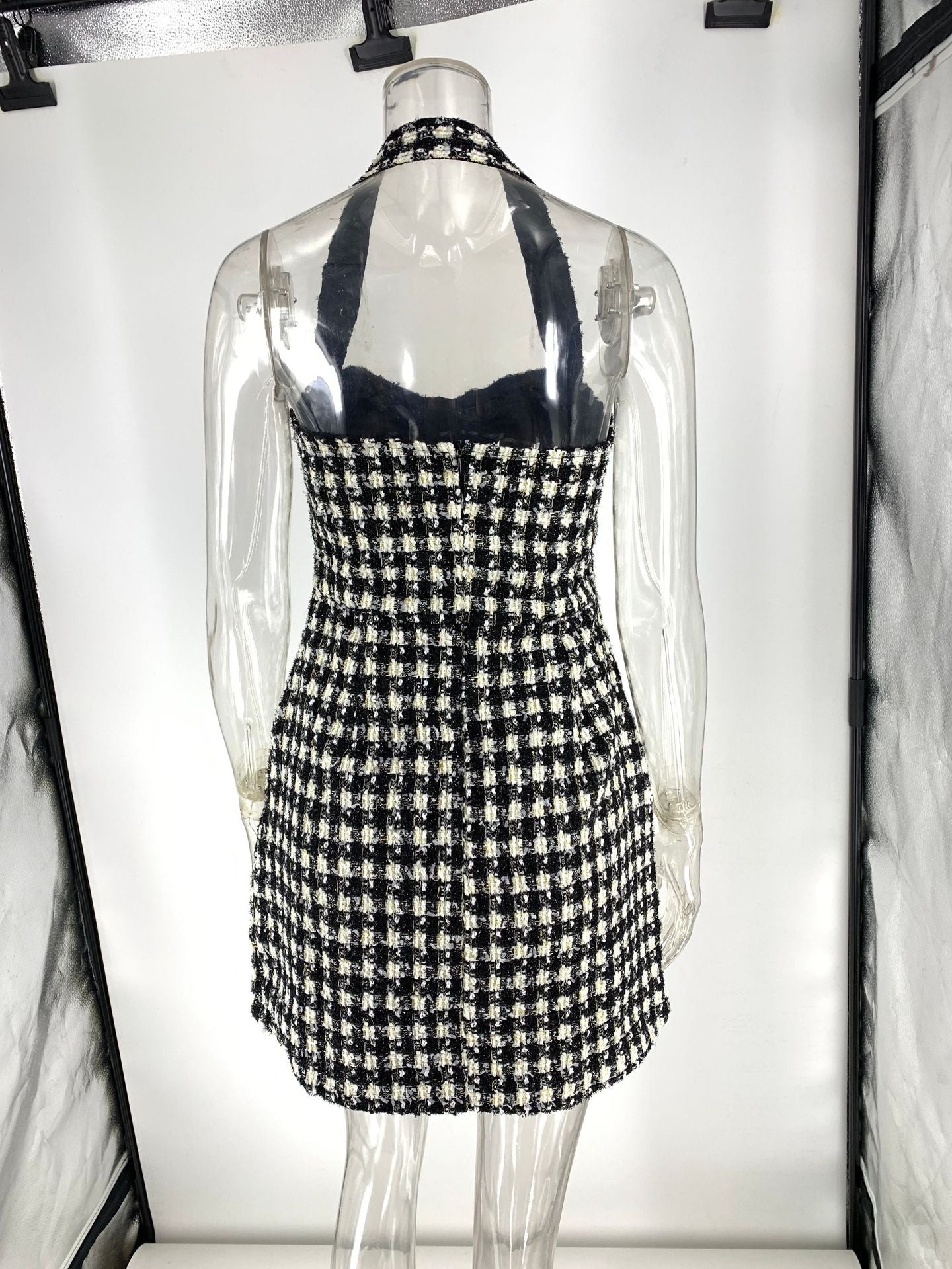 Women's Black and White Plaid Tweed Halter Neck Slim Waist Party Short Dress 7