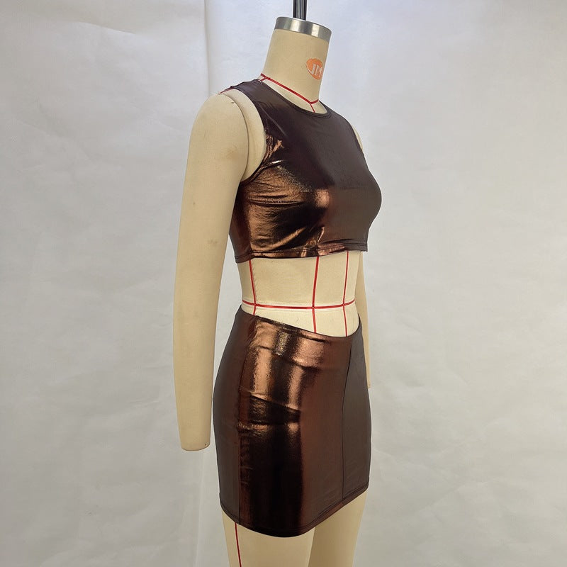 Women Summer Metallic Shiny Solid Round Neck Sleeveless Crop Top Bodycon Skirt Two-Piece Set 20