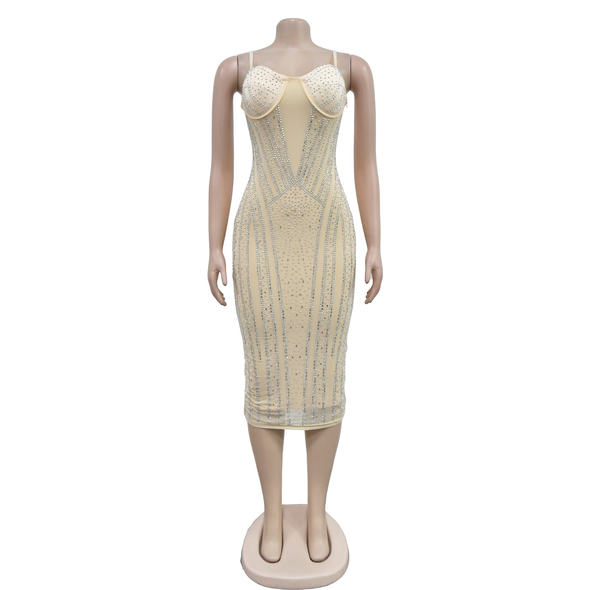 Fashion Women's Solid Color Sexy Beaded Mesh Strap Dress 23