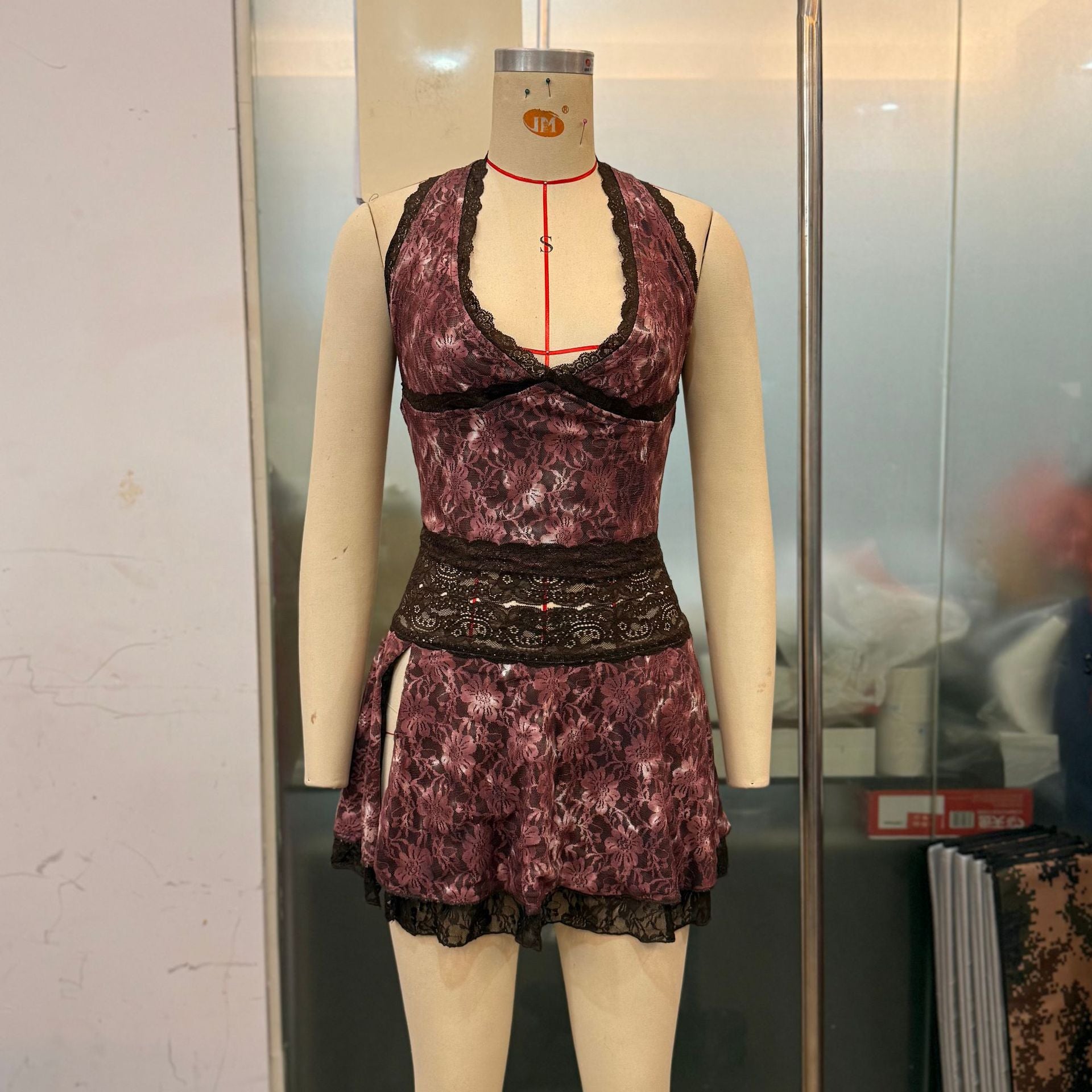 Sexy Halter Neck Deep V-neck Short Lace Top Slit Short Skirt Two-piece Set 9