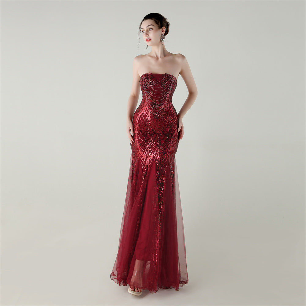 Women sequined mesh beaded tube flower Strapless fishtail skirt Formal Party evening dress 21