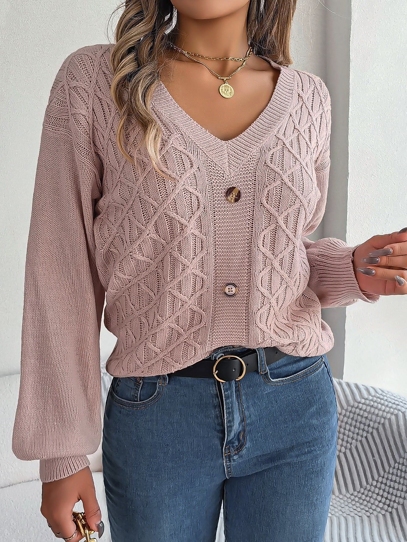 Women Casual Button Balloon Sleeve Sweater 13