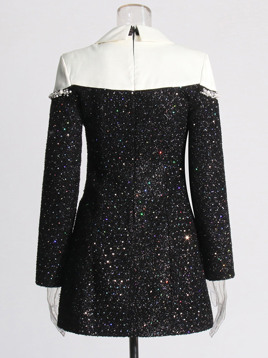 beaded sequin design Turndown Collar long-sleeved short dress 5
