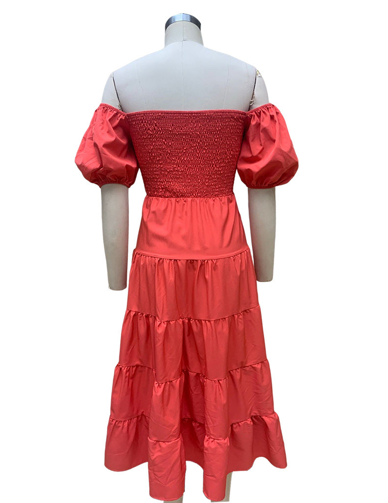 Summer Women's Fashion Loose Off Shoulder Puff Sleeve A-Line Midi Dress 23