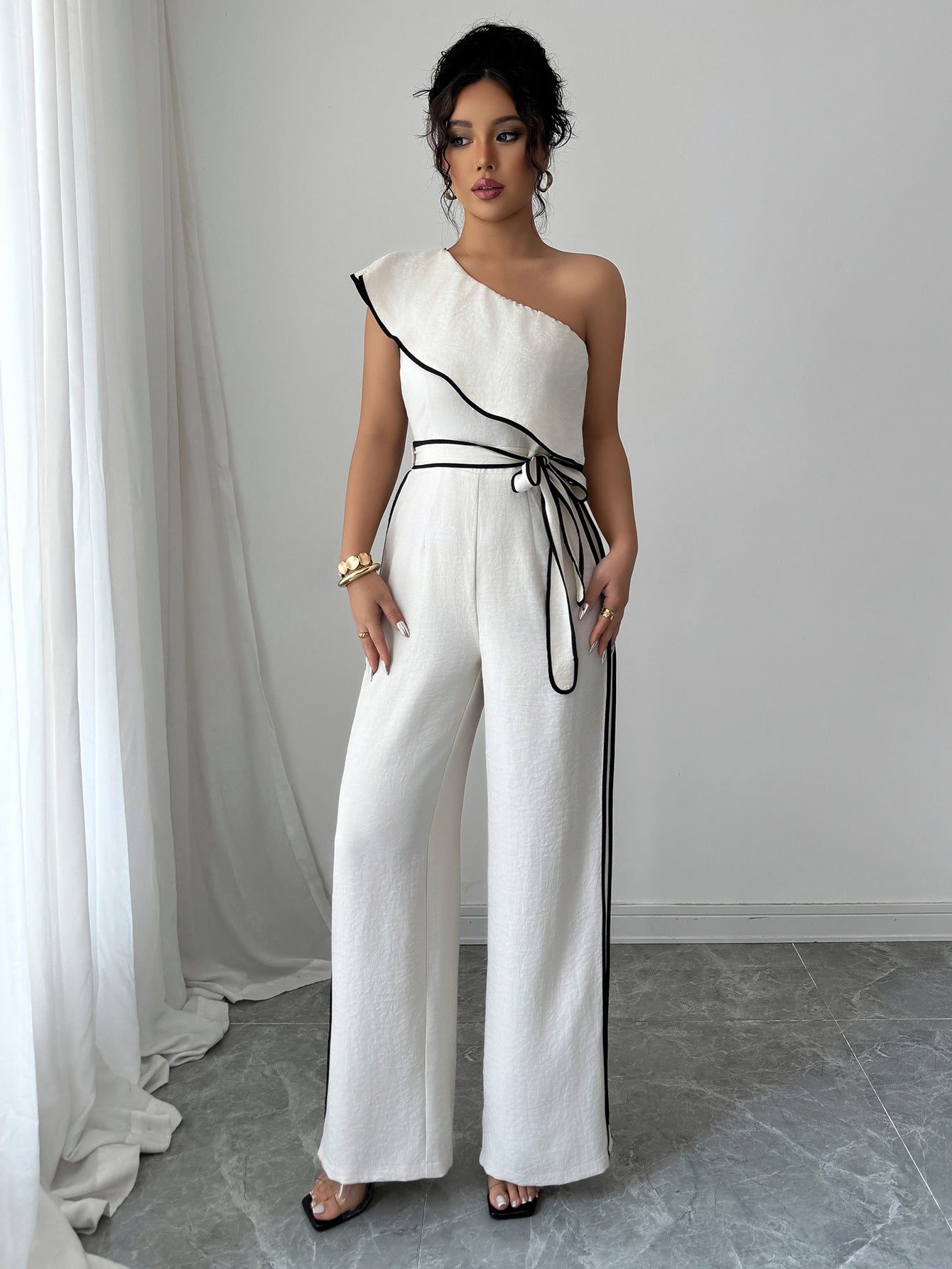 Summer Women's Chic Elegant One-Shoulder Wide-Leg Jumpsuit 6