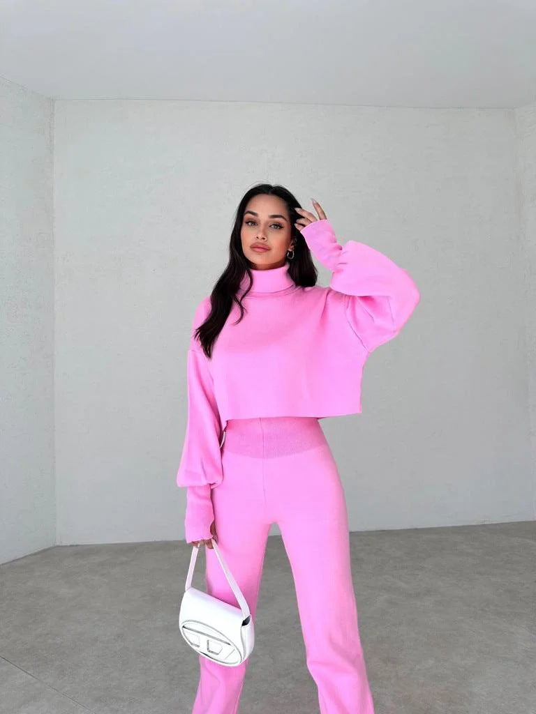 Women Casual High Neck Loose Long Sleeve Top and Pant Two-piece Set 9