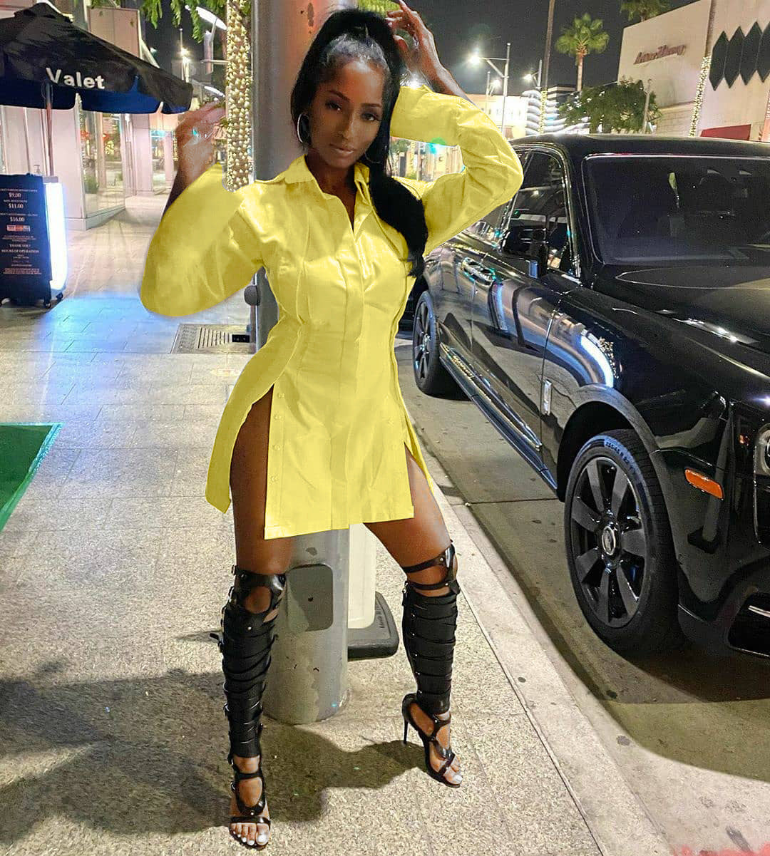 Women's Solid Color Single-Breasted Slit Long Sleeves Shirt Dress 11