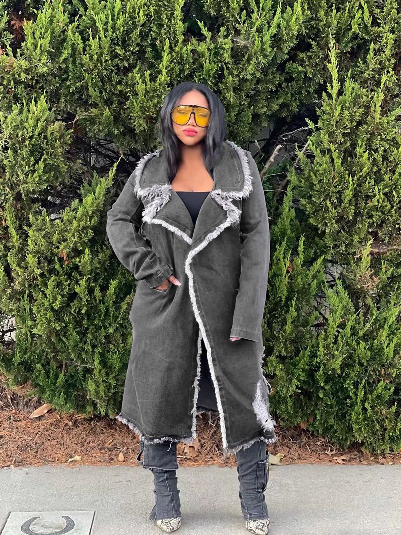 Women's Turndown Collar Ripped Denim Coat Jacket 5