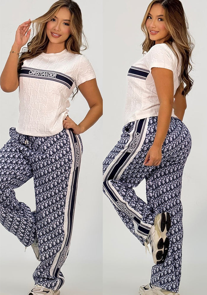 Women's Fashionable Loose Jacquard Short Sleeve Two-Piece Pants Set