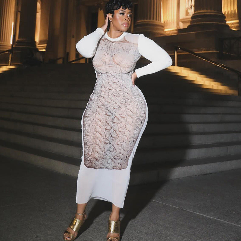 Autumn street sexy mesh See-Through slim dress