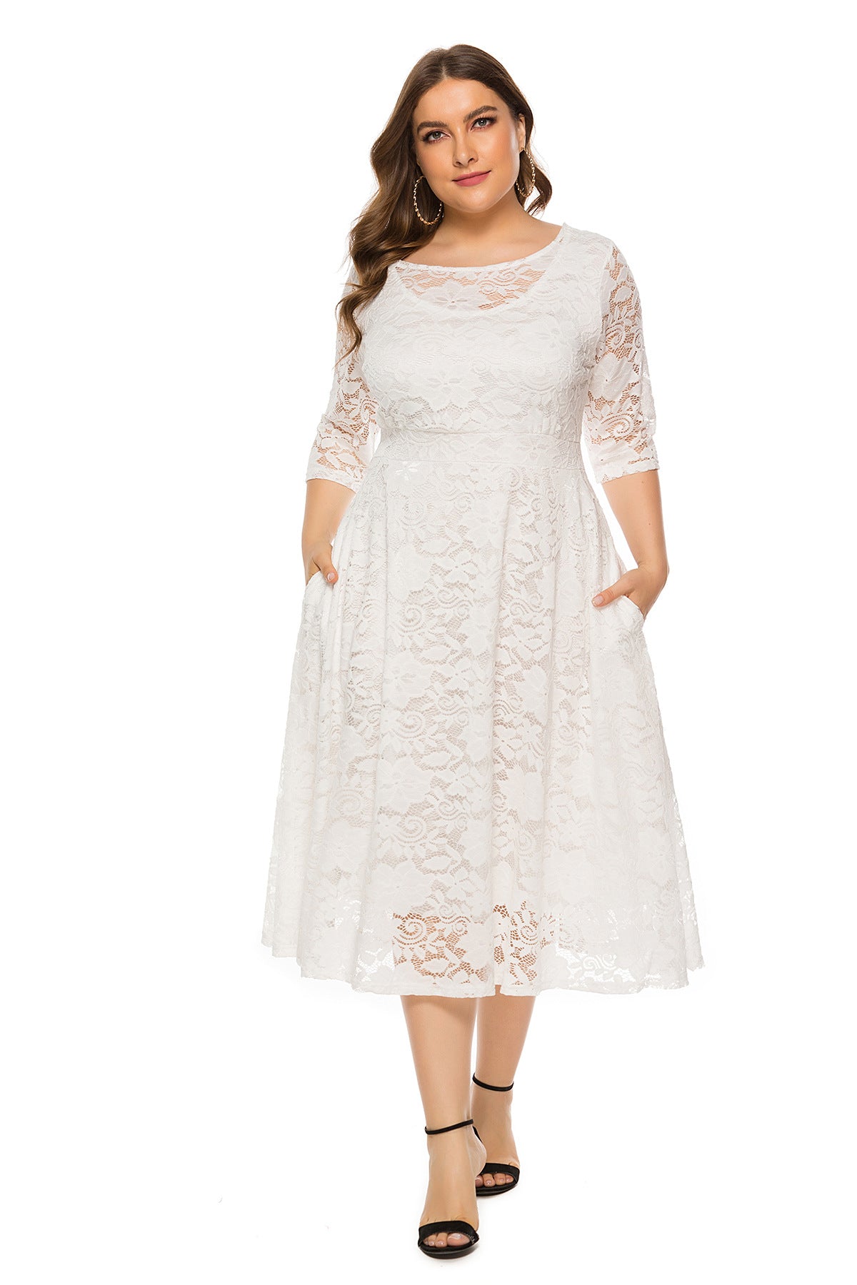 Plus Size Evening Dress Mid Length Cutout Lace Pocket Dress 18