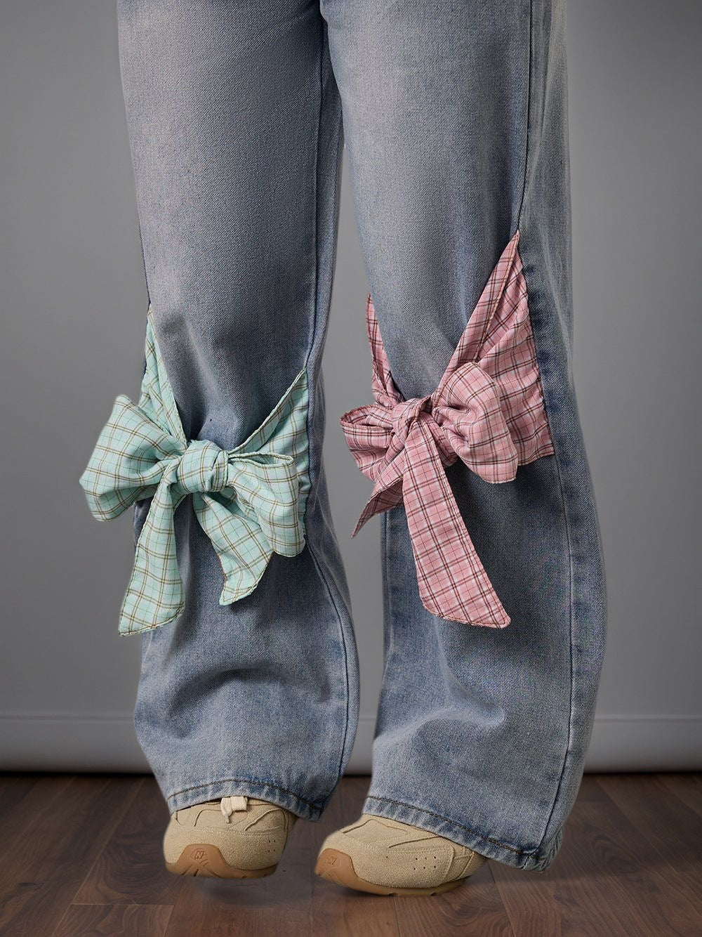 Bow High-Waist Wide-Leg Denim Pants Loose Straight Trousers 4