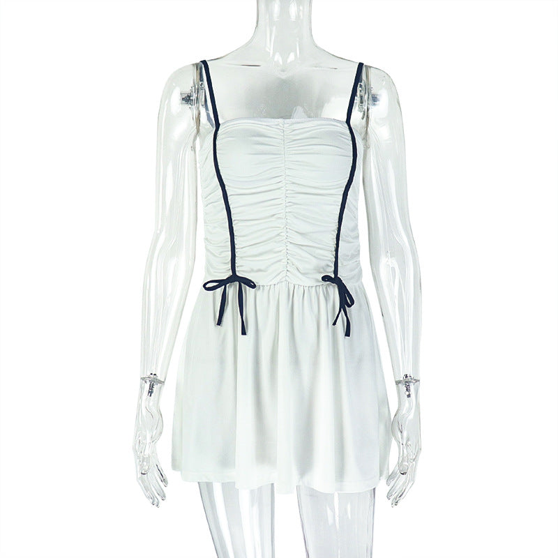 Women Style pleated Patchwork suspender Off Shoulder Backless dress 7