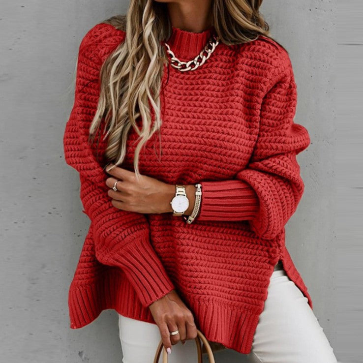 Women Half Turtle Collar Loose Solid Long Sleeve Side Slit Knitting Sweater 13