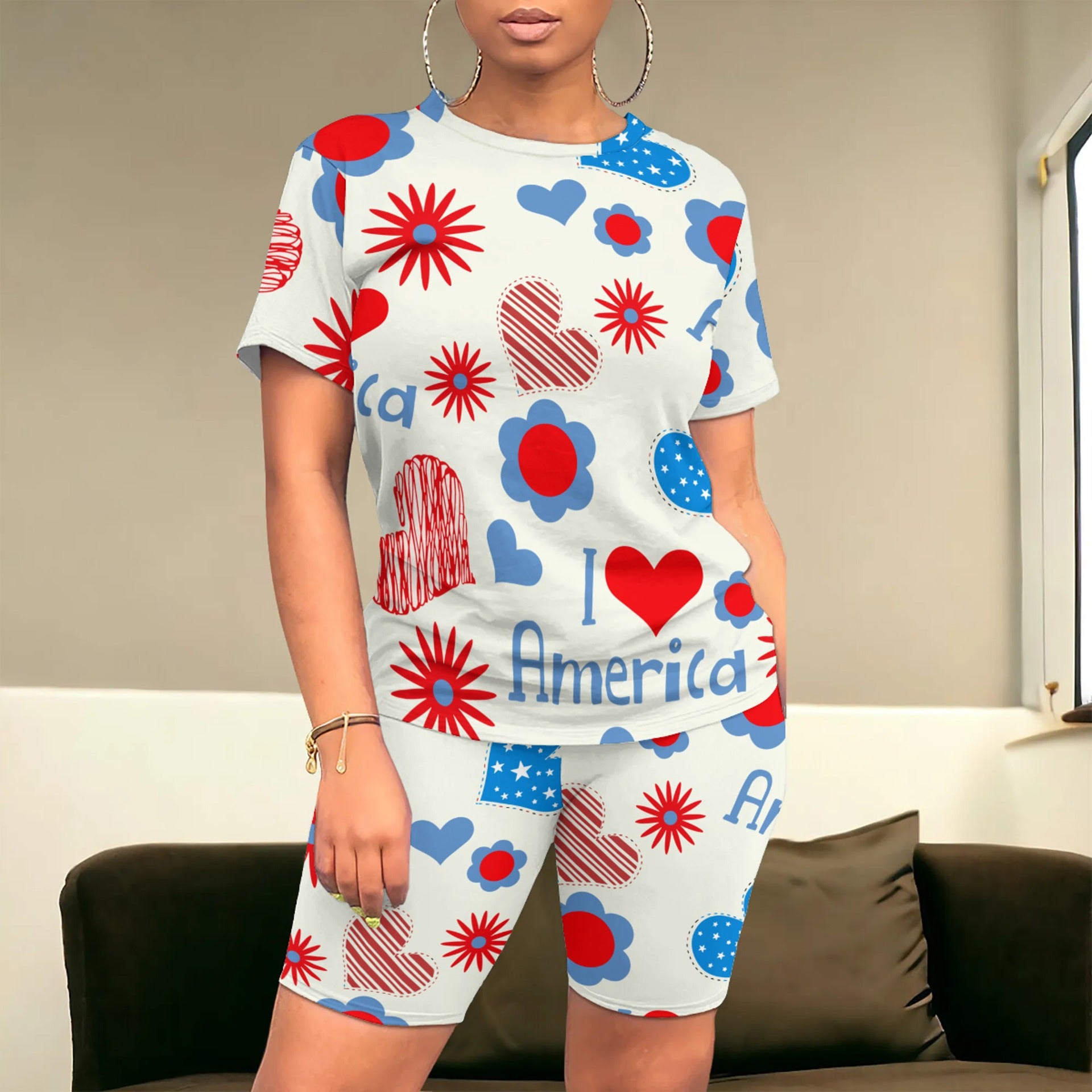 American Flag Print Fashion Casual Women's Short Sleeve T-Shirt Shorts Two Piece Set 14