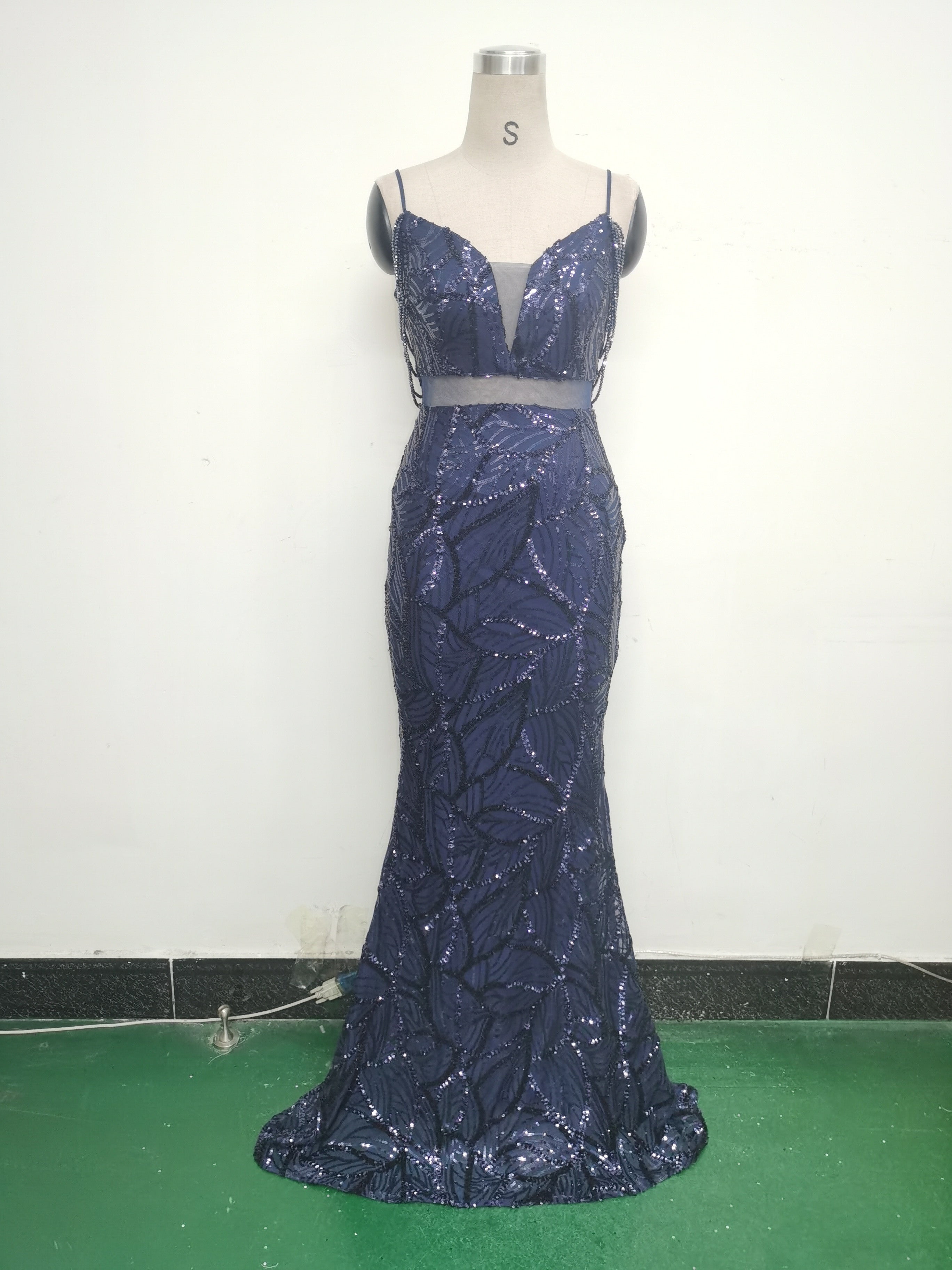 Women beaded cross Lace-Up hollow Patchwork Formal Party evening dress 34