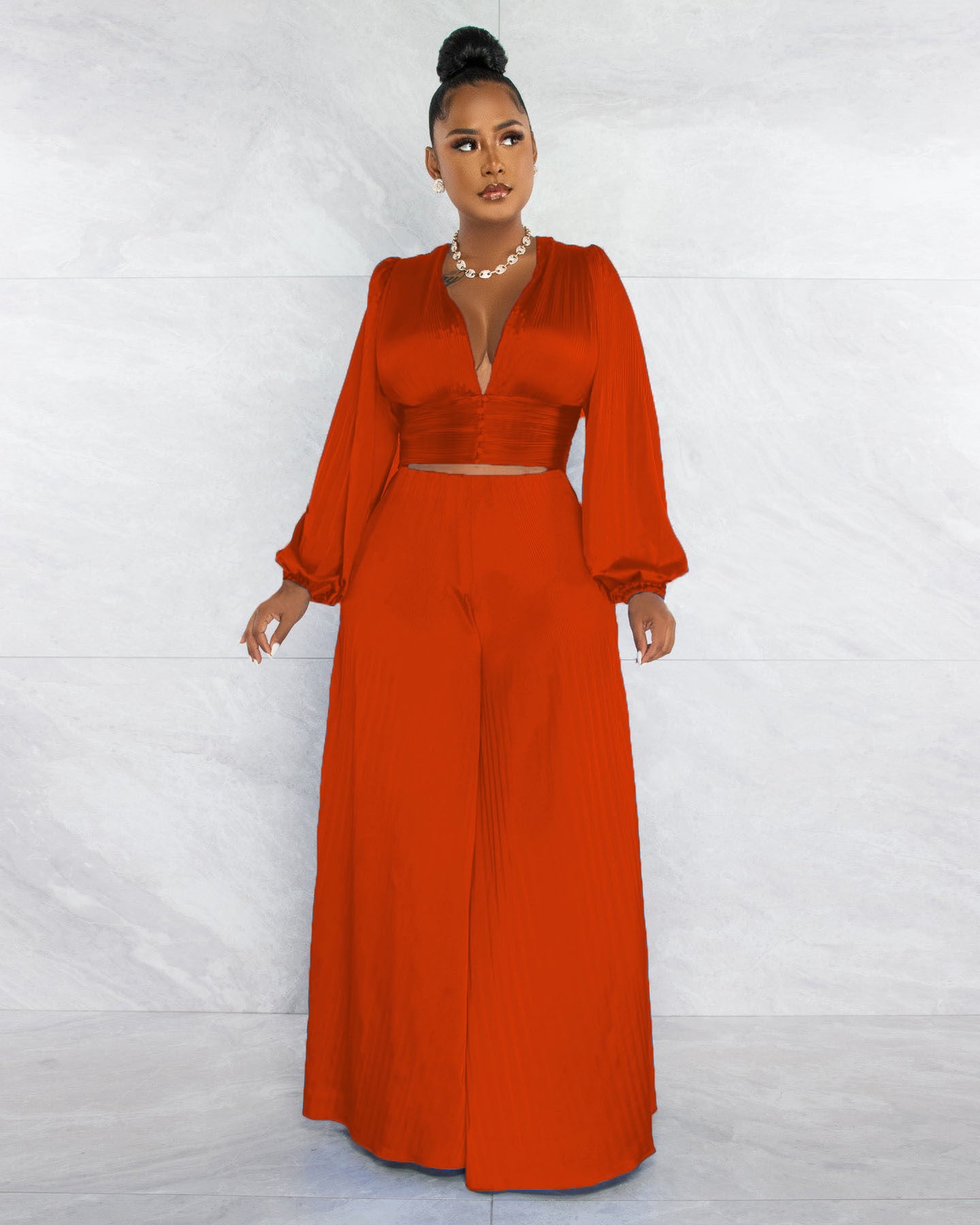 Women sexy pleated v-neck top and wide-leg pants two-piece set 3