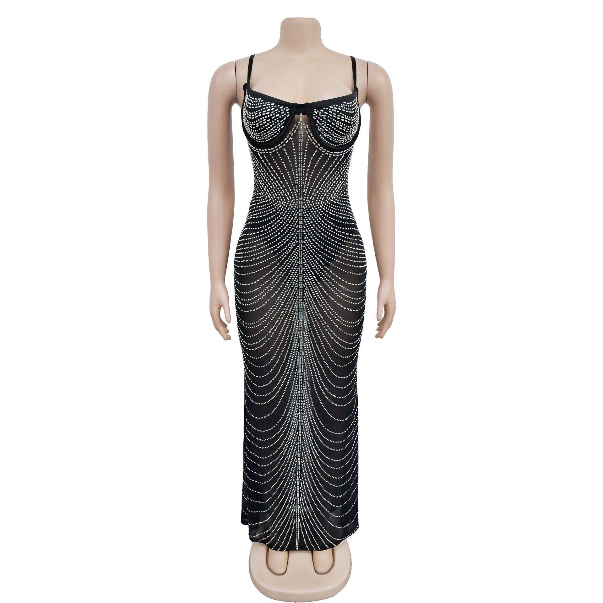 Women's Fashion Solid Color Mesh Beaded Slip Maxi Dress 11