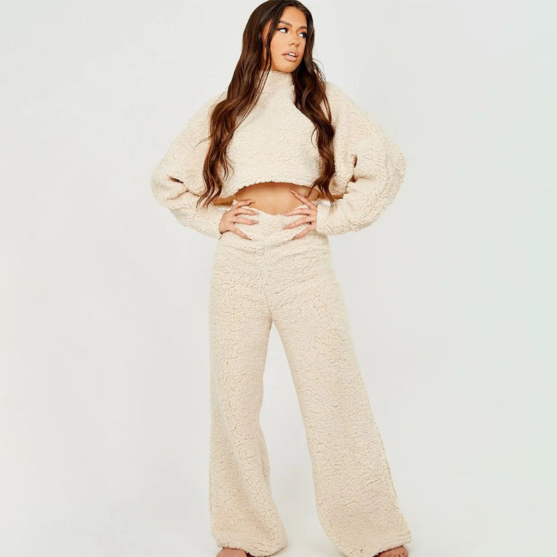 Women Casual Lounge Clothes Loose Sherpa Long Sleeve Top and Pant Two-piece Set 8