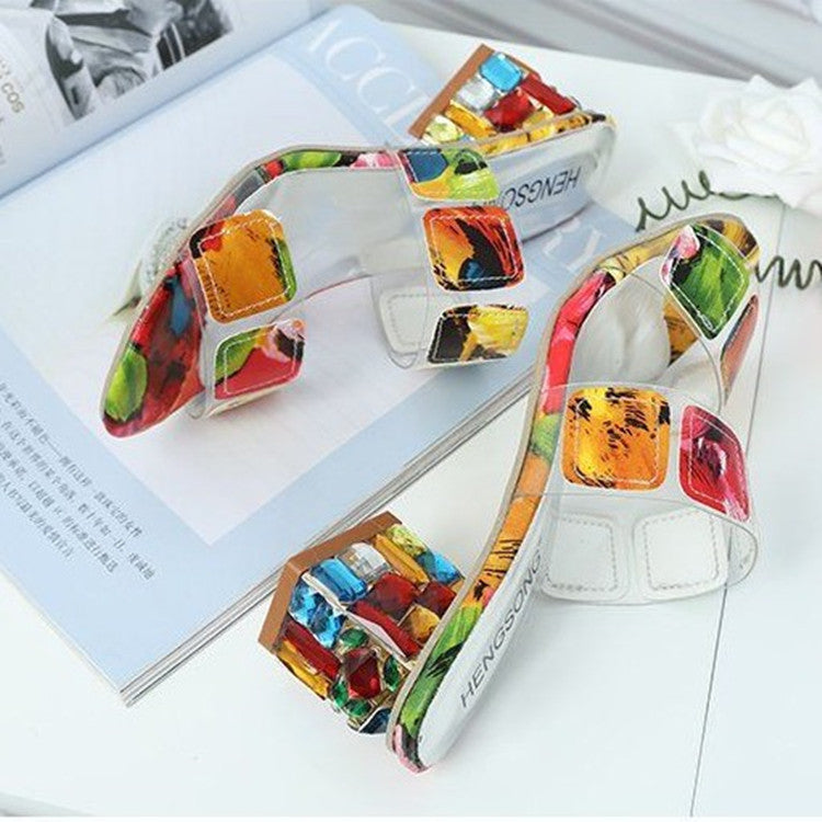 Women's Slippers Rhinestone Thick Heel One Word Sandals And Slippers Color Matching Medium Heel Plus Size Women's Shoes 7