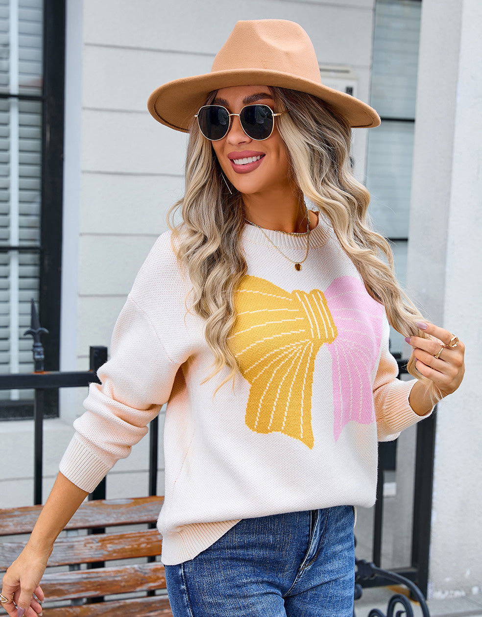 Autumn Winter Sweater Women's Bow Color Matching Knitting Pullover Shirt 27