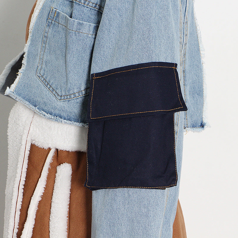 Women Autumn/Winter Turndown Collar Long Sleeve Lace-Fly Lamb Maxi Colorblock Denim Coat 24