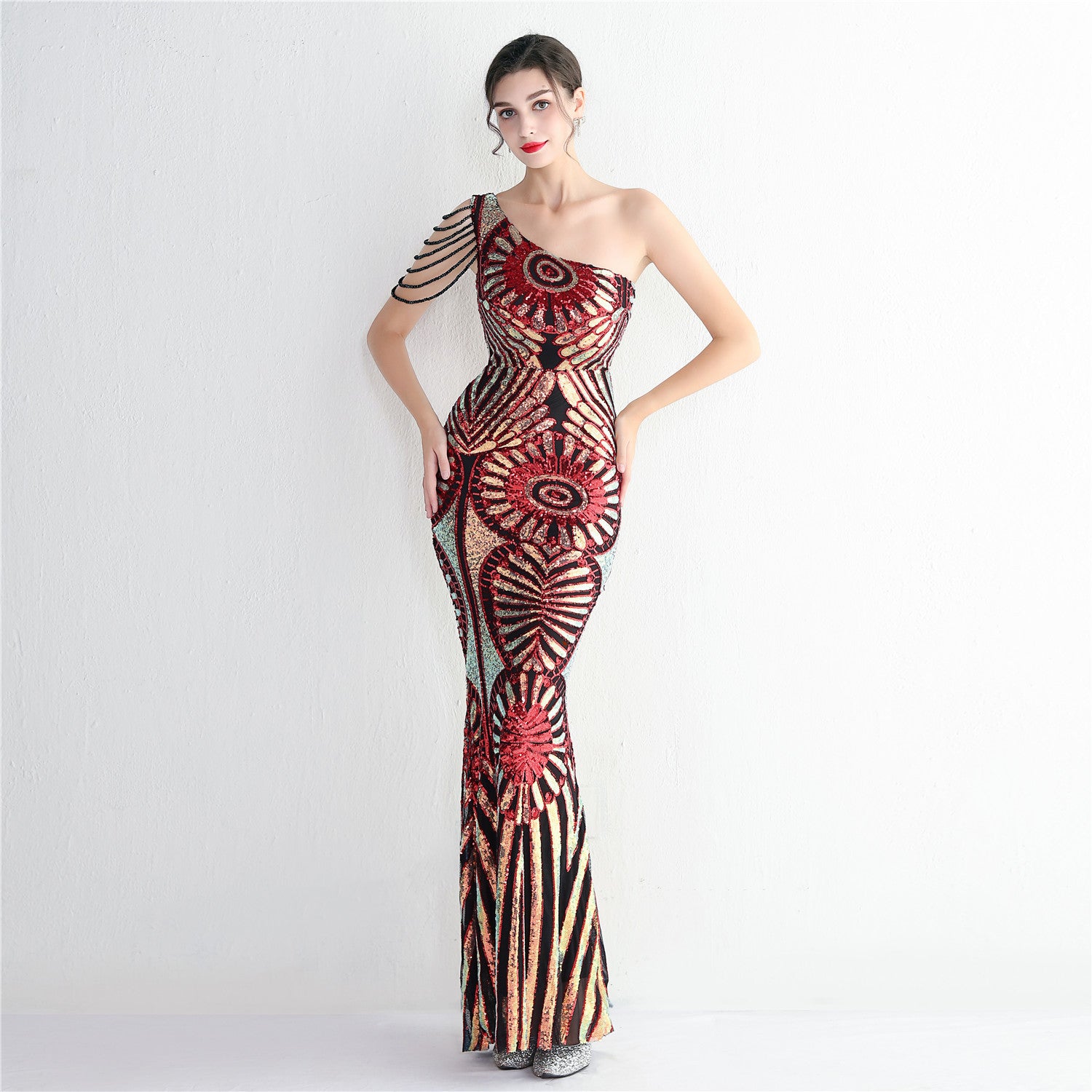 WomenElegantSequin One Shoulder Evening Dress 13