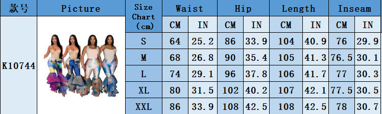 Women's Tie-dye Print Bell Bottom Pants Ruffled trousers 10