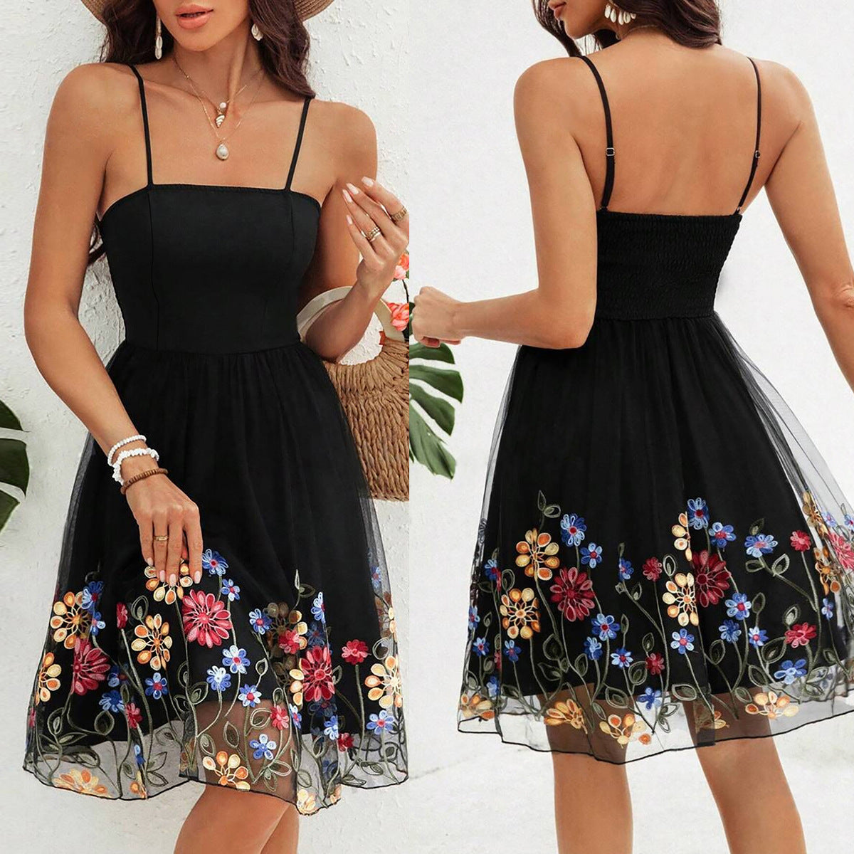 Women Elegant Solid Mesh Embroidered Dress 3
