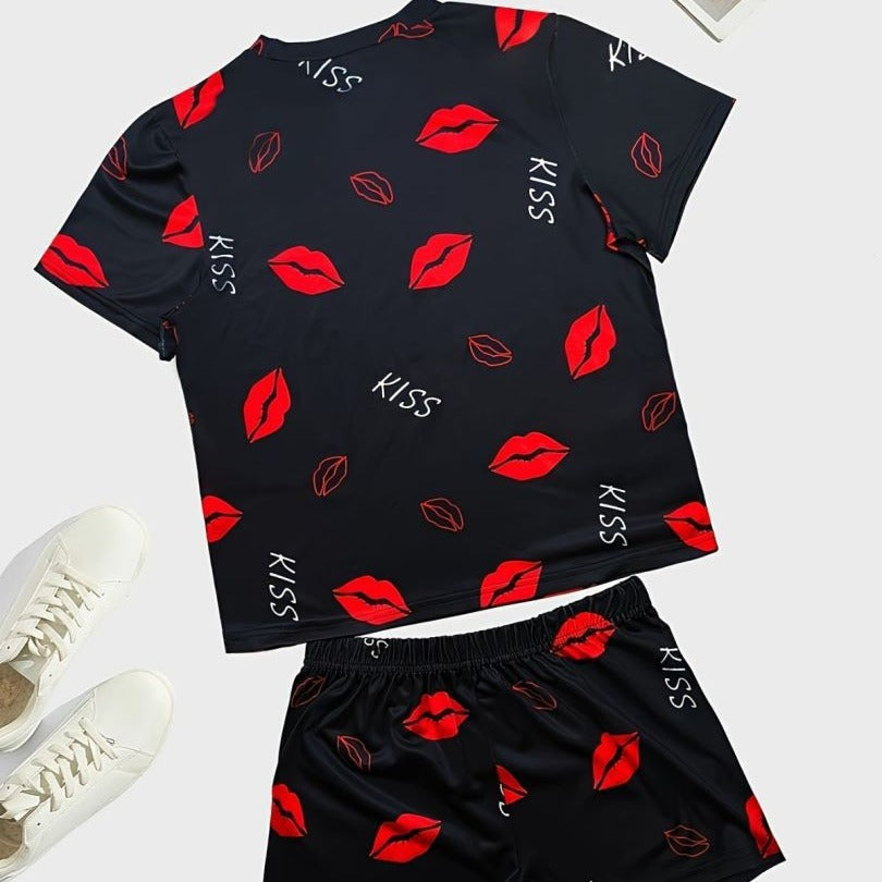 Pajamas Casual Red Lips Printed T-Shirt Shorts Two-Piece Set Comfortable Ladies Home Clothes 5