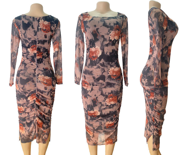 Women Mesh Print Retro Pleated Slit Bodycon Maxi Dress 7