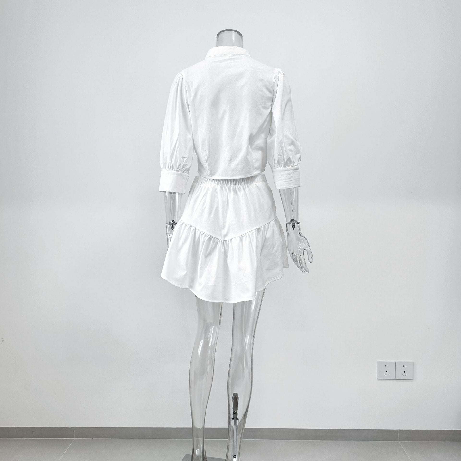 Summer White Lantern Sleeve Shirt & Skirt Two-Piece Casual Office Set 9