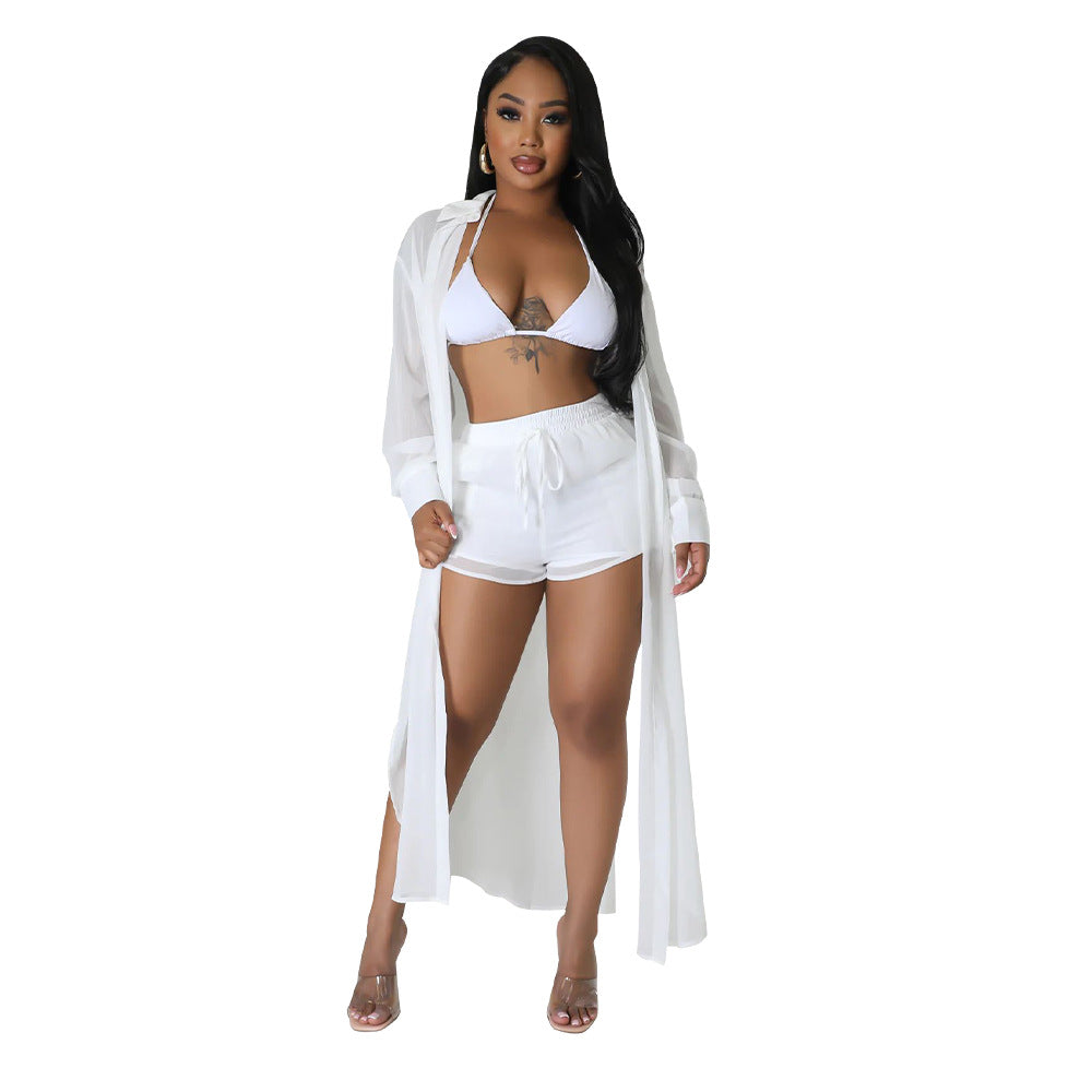 Women See-Through Solidchiffon Long Shirt and Shorts Two-Piece Set 13