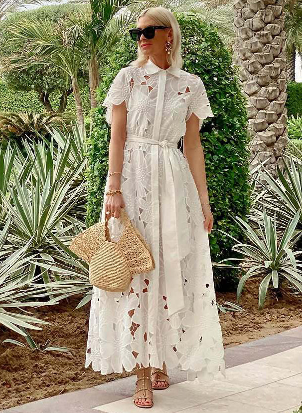 Spring/Summer Short Sleeve Single-Breasted Lace Floral Mid-Length Dress