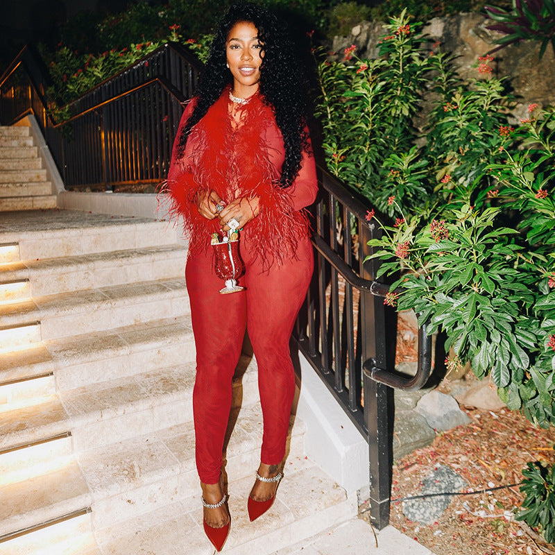 Women's Solid Color Mesh Patchwork Fuzzy Long Sleeve Top with Tight-Fitting Pants Two-Piece Set 9