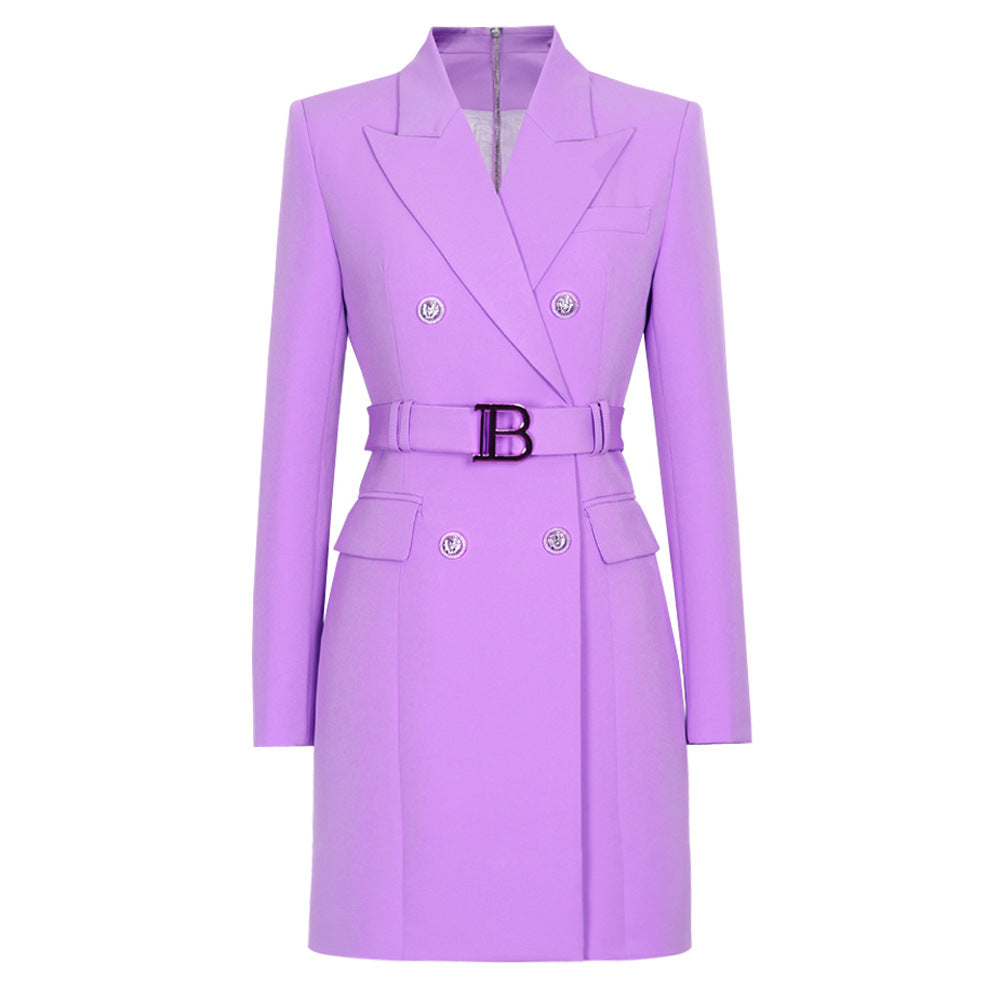 Spring Autumn Fashion Solid Color Slim Belt Long Sleeve Slim Chic Career Suit Dress 11