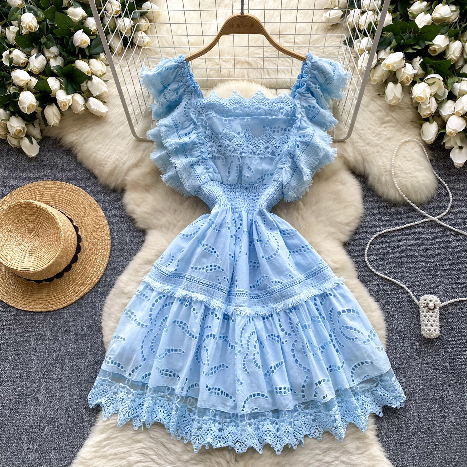 Women Summer French Lace Embroidered Dress 4