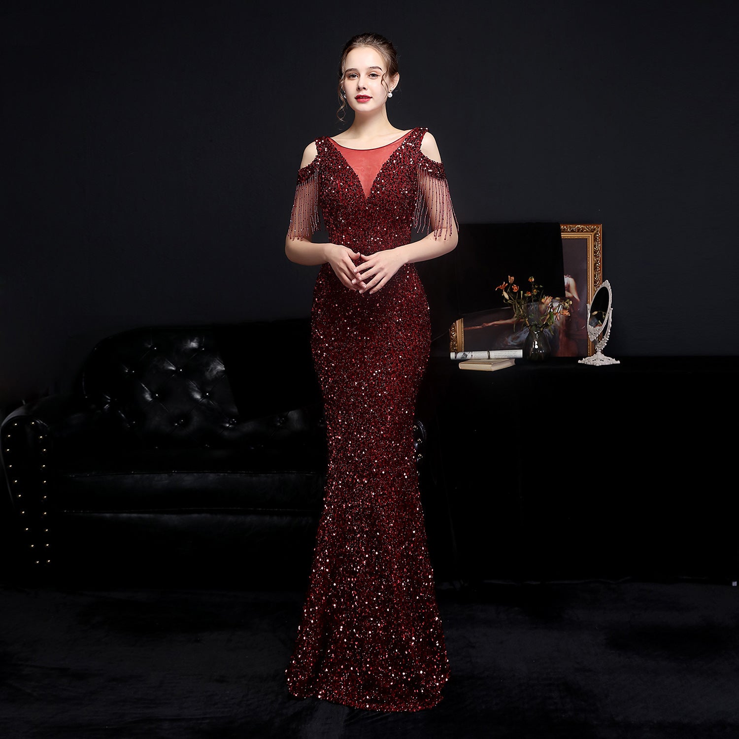 Summer formal sequin cutout shoulder tassel evening dress 13