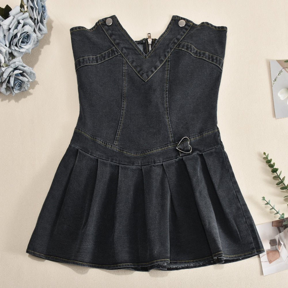 Women Stretch Denim French Pleated V-Neck Denim Dress 18