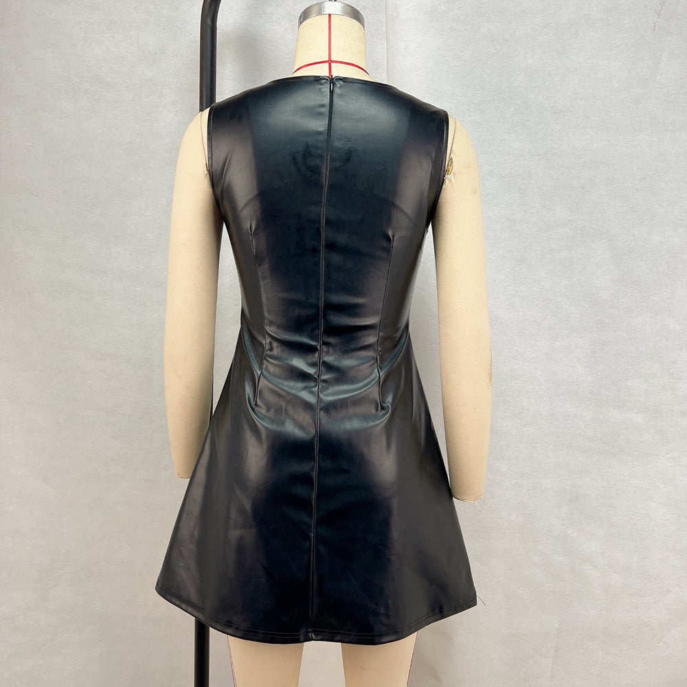 Women's Clothing Pu Leather Slim Waist Square Neck Solid Color Lace-Up Slim Fit Sleeveless Mini Dress 11