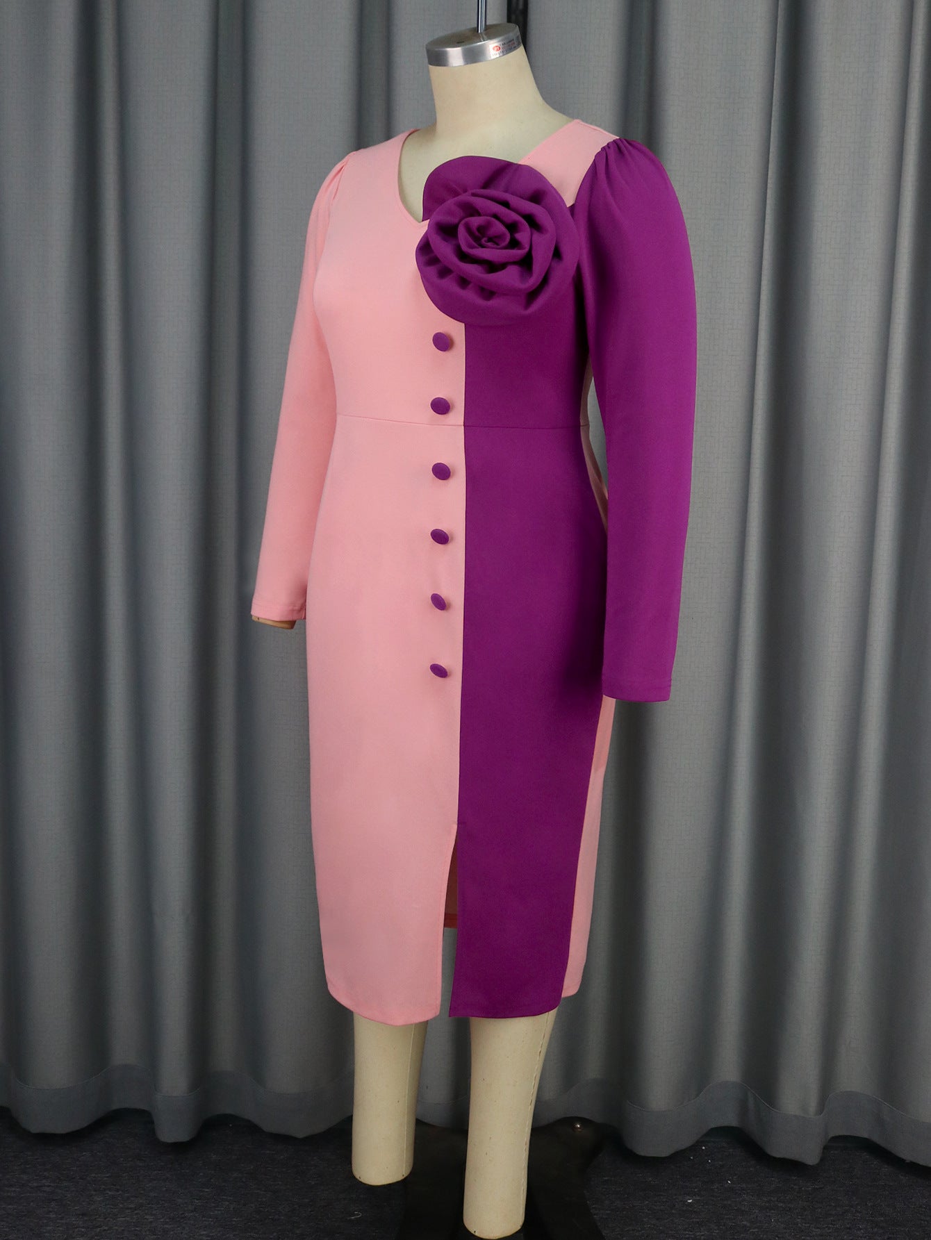 Women V-Neck Long Sleeve Contrast Color Block Rose Dress 4