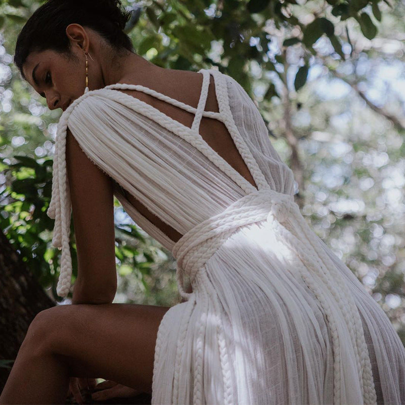 Spring Women's Tie Rope Sexy V-Neck Loose Holidays Beach Dress 7