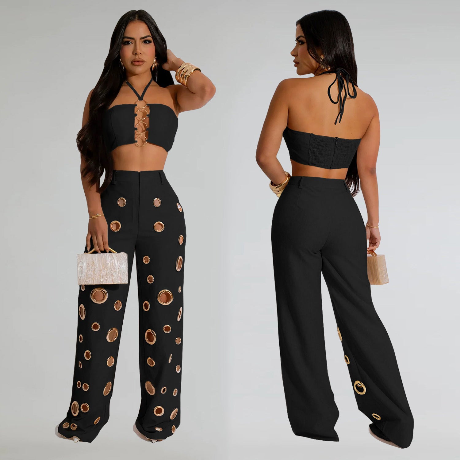 Women Sexy Metal Button Top and Pants Two Piece Set 3