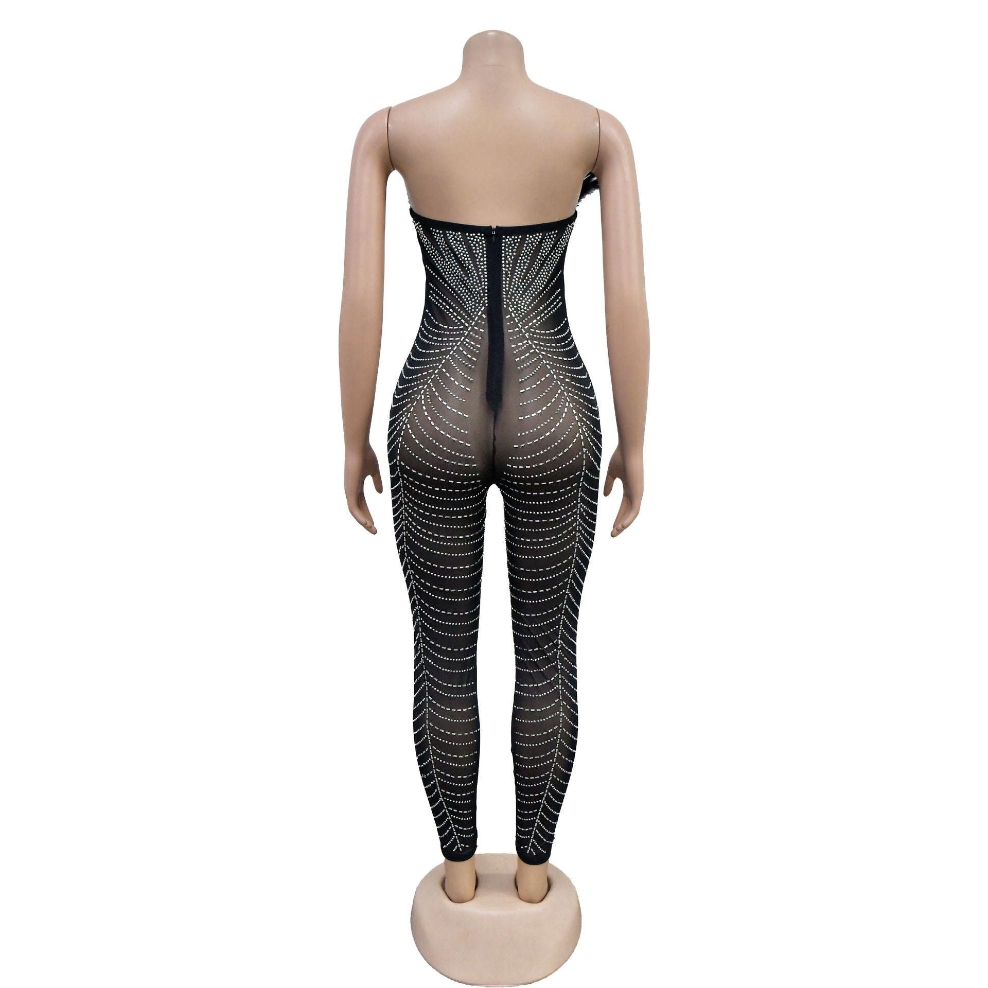 Women Solid Sexy Mesh Beaded Jumpsuit 21