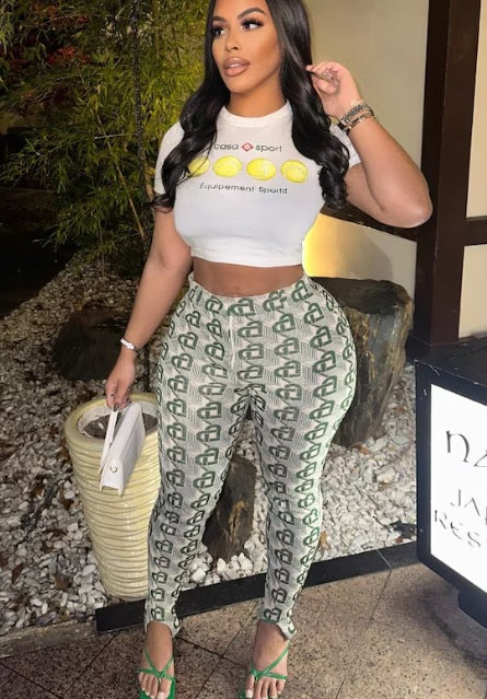 Women Short Sleeve Printed T-Shirt and Pants Two-Piece Set