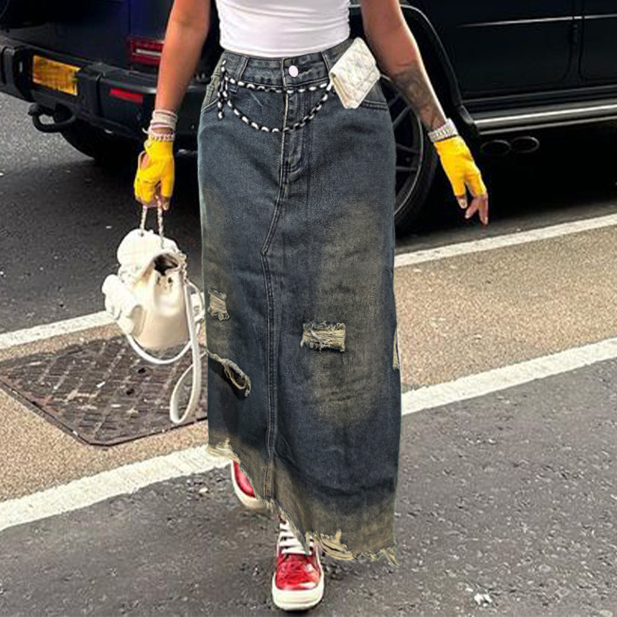 Pocket Distressed Ripped Straight Fit Loose Denim Skirt 5