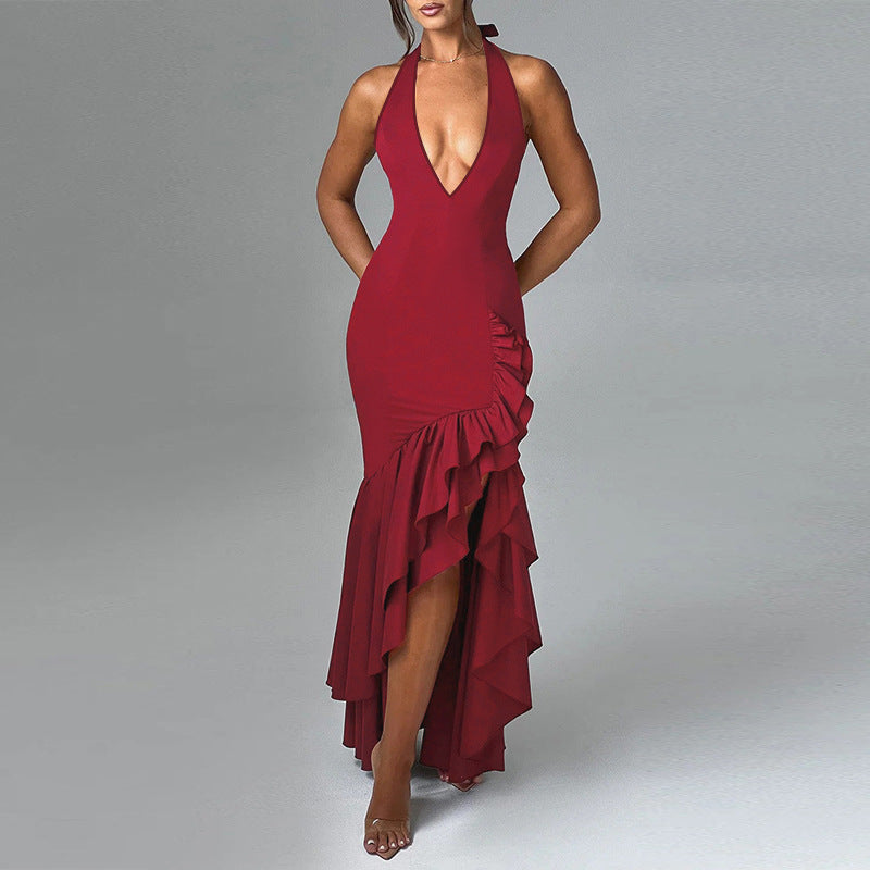 Women autumn sexy Halter Neck V Neck ruffle dress 4